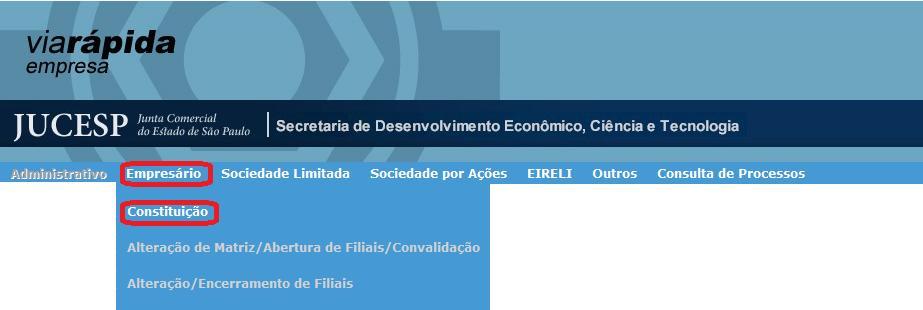 2. Selecione, na aba Empresário, a opção Constituição ; 1. Dados Empresariais 1.1. Clique em Constituição Normal (tela 1). 1.2. Selecione o tipo tributário: Normal (quando não há enquadramento), Microempresa ou Empresa de Pequeno Porte (Tela 1) Obs.