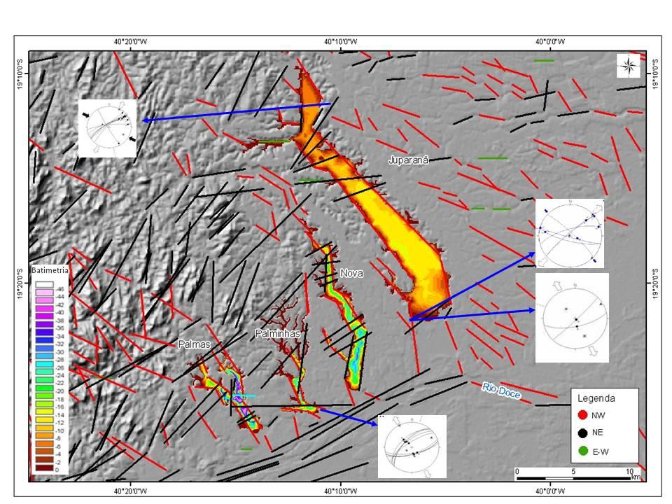 Figura 21: Mapas batimétricos dos lagos estudados e lineamentos