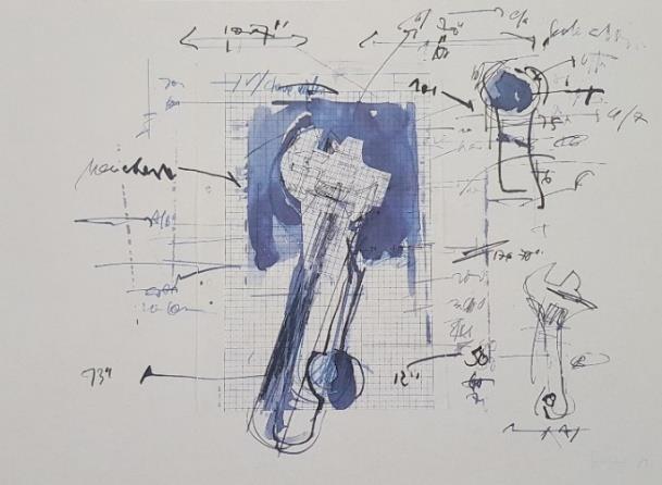 inscrição de objetos reconhecidos, como na obra de 1981, onde vemos representada no plano central uma chave inglesa inscrita numa quadriculado, que facilita o desenho, tendo no seu lado direito dois
