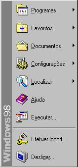 O MENU INICIAR Menu dos programas instalados na maquina Sites e Arquivos adicionados a pasta favoritos Menu dos últimos 15 arquivos abertos Menu de Opções de configuraçao do Windows Menu Opções para
