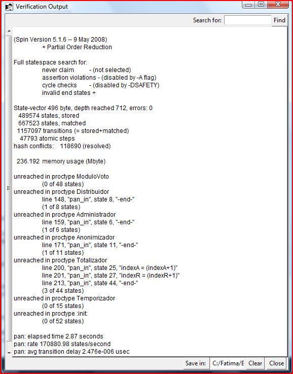 Figura 4.10 Resultado de uma verificação Na figura anterior vemos que são indicados o total de estados e o total de estados não atingidos, por processo, não existindo erros.