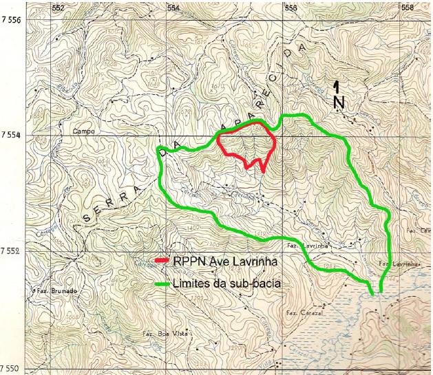 Figura 1. Delimitação da sub-bacia do córrego da Lavrinha (verde) e delimitação da RPPN Ave Lavrinha (vermelho) (Fonte: Plano de Manejo RPPN Ave Lavrinha 2009).