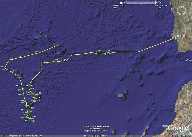 Fig. I-6 Campanha EMEPC/Açores/G3/2007 (Fonte: EMEPC em ligação com o Google Earth, Janeiro 2008) Foram também realizadas superfícies polidas, lâminas delgadas e lâminas polidas das rochas recolhidas