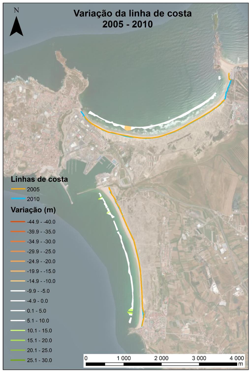 Figura 8. Variação da linha de costa entre 2005 e 2010, na praia da Consolação (a oeste) e na praia do Baleal (a norte) 4.