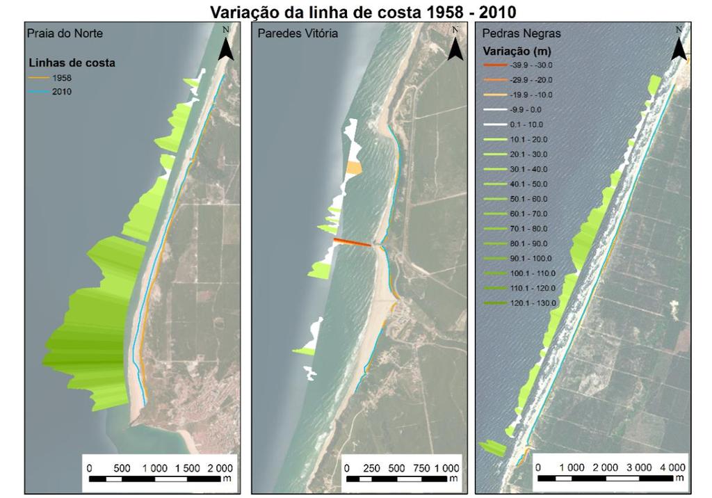 Figura 14. Variação da linha de costa entre 1958 e 2010, no troço litoral entre a Nazaré e a Praia da Vieira 7. Tabela 3.