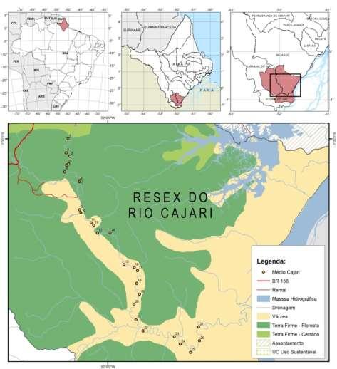 Figura 1. Localização da área de estudo e parcelas lançadas no trecho Médio Cajari, Resex do Rio Cajari, municípios de Mazagão, Laranjal do Jari e Vitória do Jari, estado do Amapá.