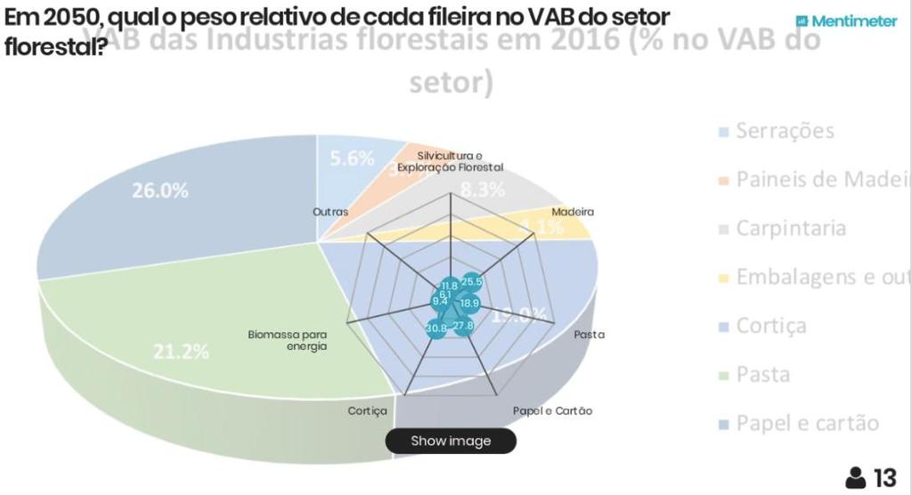 A2.3 MENTIMETER QUESTÃO 4 Em 2050, qual o peso relativo de cada fileira no VAB do setor florestal: silvicultura e expl.