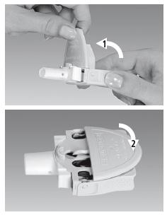 PARA DEIXAR A DOSE PRONTA PARA INALAÇÃO (ou como perfurar a bolha do Rotadisk ): Atenção só faça isso na hora em que for inalar a dose. 6. Segure o Diskhaler na posição horizontal.