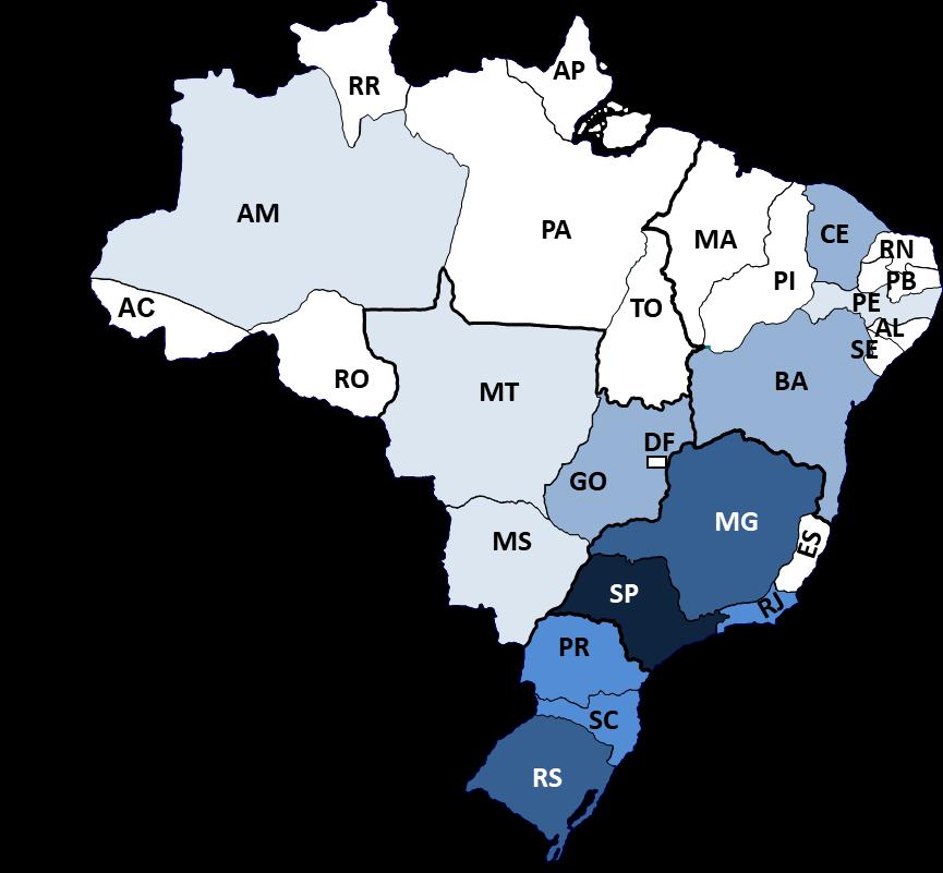 Figura 1: Distribuição dos Estabelecimentos de Grande Porte (500 ou mais empregados formais) pelos Estados Brasileiros em 2017 A seguir, ainda segundo os dados da RAIS-MTE, verificamos a distribuição