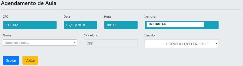 05 Após isso digitamos o nome do aluno no campo e selecionamos o veiculo utilizados e após tudo ok, clicamos em Gravar e a aula esta agendada!