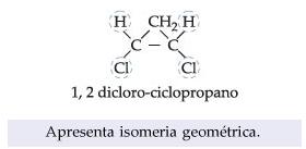 Exemplo: No composto 1-clorociclopropano, NÃO HÁ isomeria geométrica, pois apenas 1 carbono possui 2 ligantes diferentes, enquanto no 1,2-diclorociclopropano, HÁ isomeria geométrica, já que 2