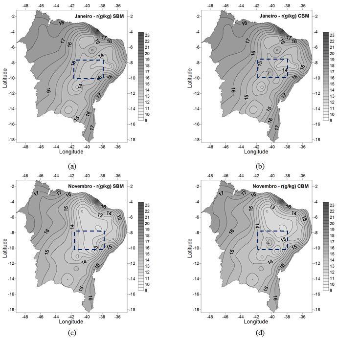 Figura 2. Configuração espacial da razão de mistura r(g/kg) para os meses de janeiro e novembro: (a) e (c); sem Bebedouro e Mandacaru (SBM); (b) e (d); com Bebedouro e Mandacaru (CBM). Figura 3.