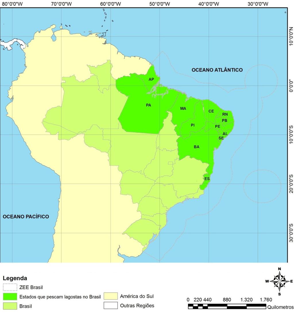 26 Figura 1 - Mapa do Brasil mostrando a distribuição dos estados costeiros que pescam lagostas.