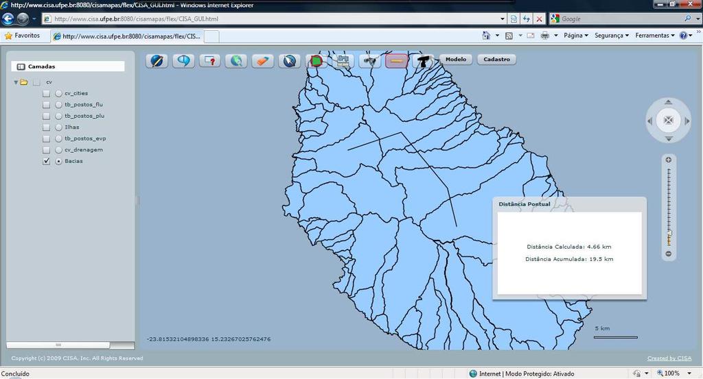 vários pontos no mapa e o sistema irá exibir a distância acumulada e distância entre os dois últimos pontos. A Figura mostra um exemplo de cálculo de distância.