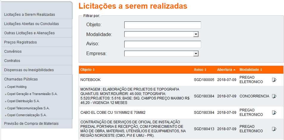 1.2. LICITAÇÕES ABERTAS OU CONCLUÍDAS Nesta seção é possível