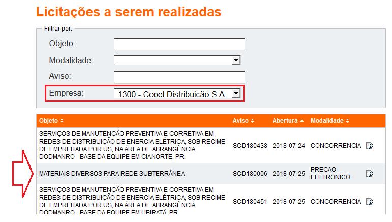 Empresa: selecionar uma empresa específica da Copel. A pesquisa apresenta como resultado as licitações referentes à empresa selecionada. 1.