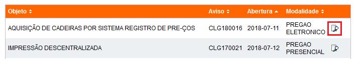 como: Número do aviso, Modalidade, Abrangência, Comprador, Telefone, Data de abertura, Hora abertura, Objeto, Local e Arquivos anexos.