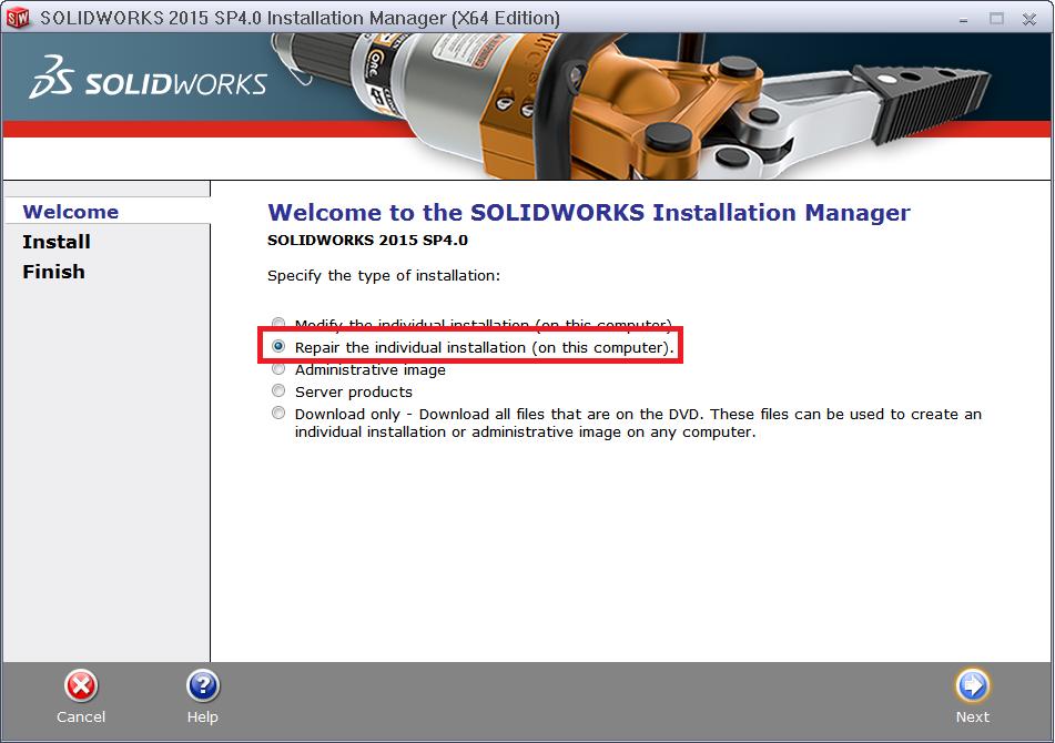 6. Aceda ao Painel de Controlo > Programas, e modifique a instalação do SolidWorks, selecionando a opção de reparar a instalação. 7.