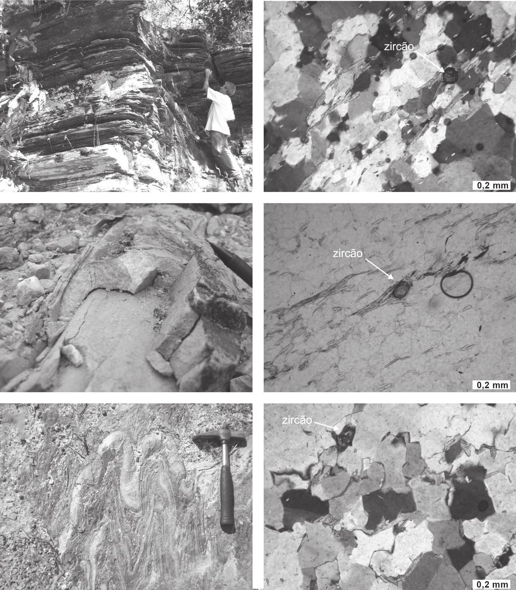 Silva, A. J. C. A. e Simões, L. S. A. A B C Figura 3. Afloramentos de quartzitos das amostras analisadas para datação U-Pb e fotomicrografia correspondente.