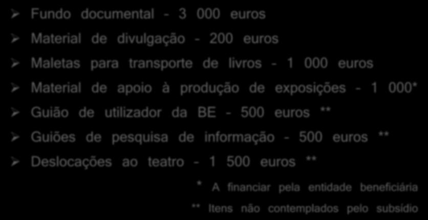 Orçamento total 6 900 euros Subsídio concedido 4 000 euros Fundo documental 3 000 euros Material de divulgação 200 euros Maletas para transporte de livros 1 000 euros Material de apoio à produção de