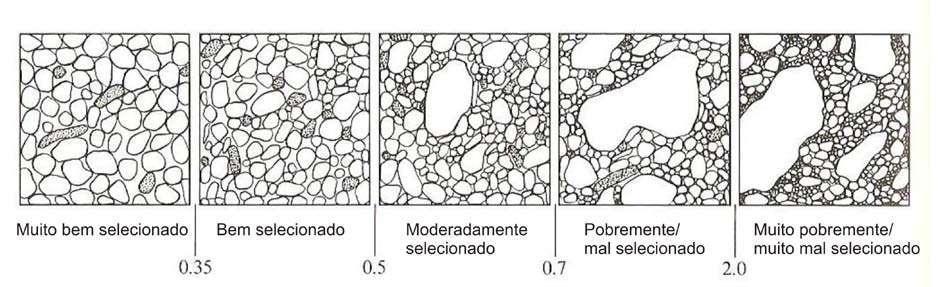 18 Os aspectos analisados foram: granulometria; seleção; arredondamento e esfericidade dos grãos; matriz; cimento; contatos entre os grãos; porosidade; e composição mineralógica.