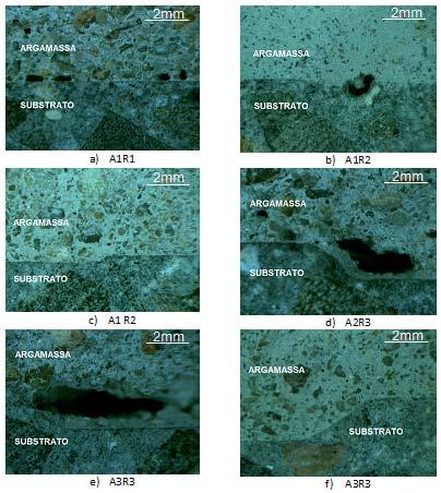 105 Figura 37: imagens feitas com a lupa estereoscópica, com ampliação de 16x, sendo a) Argamassa 1 (0% de AI) aplicada sobre o substrato de rugosidade 1 (liso), b) Argamassa 1 (0% de AI) aplicada