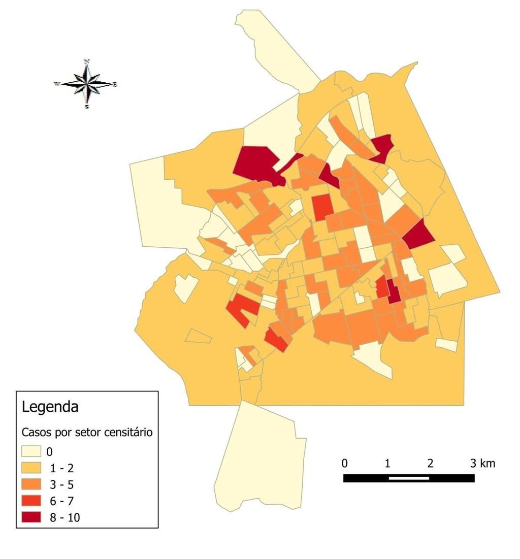 A distribuição espacial de casos de hanseníase de Ituiutaba-MG, em área urbana e identificando o número de casos por setor censitários (Figura 11), assim como a densidade de casos está demonstrada de