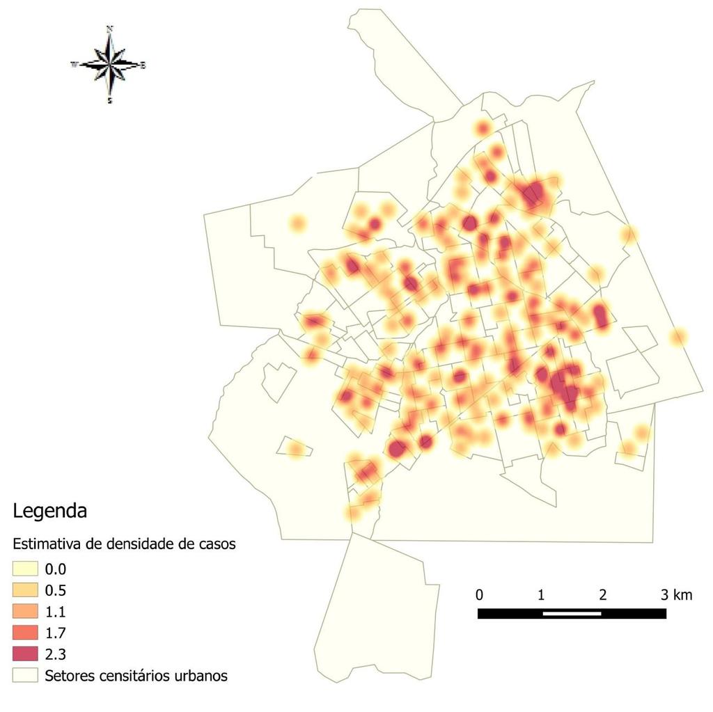 Figura 12: Localização espacial dos casos de hanseníase, segundo estimativa de densidade de casos por Km². Ituiutaba/MG, 2004-2014.