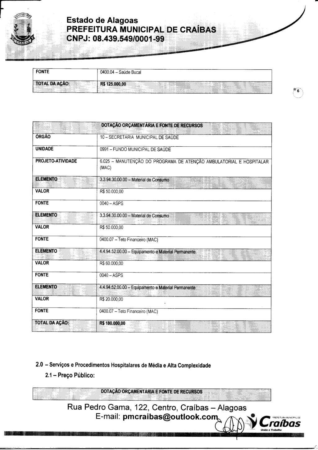 0400.04-Saúde Bucal R$ 125.000,00 6.025 - MANUTENÇÃO DO PROGRAMA DE ATENÇÃO AMBULATORIAL E HOSPITALAR (MAC) 3.3.94.30.00.00 - Materiai tieconsumo ;MÁ. VALOR R$ 50,000,00 3.3.94.30.00.00 - Matériai de Consumo VALOR R$ 50.