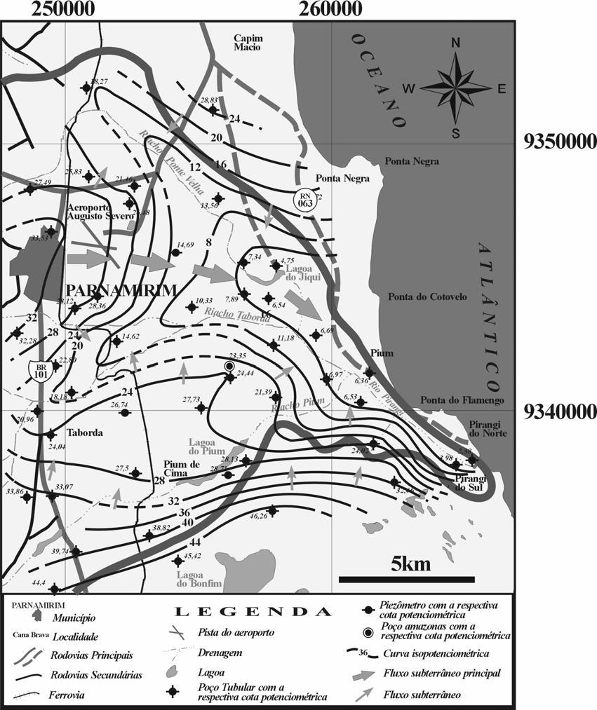 MELO, J. G.; ALVES, R. S.; DA SILVA, J. G. Figura 3 - Mapa potenciométrico do aquífero Barreiras na bacia do Rio Pirangi referente ao período chuvoso Agosto 2000 (LUCENA et al.