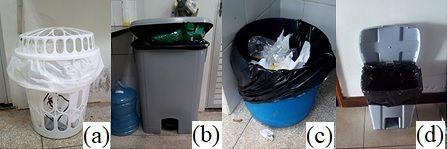 Quando são gerados resíduos de saúde (infectantes), que não podem ser armazenados junto aos resíduos comuns, estes são colocados em um cesto telado branco, não rígido, com um saco branco contendo uma