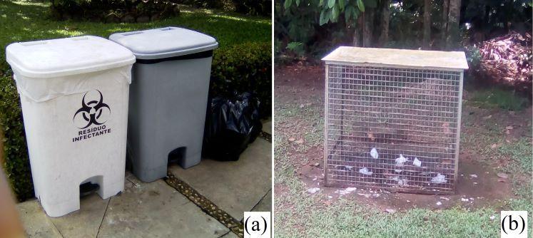 FIGURA 4 Acondicionamento interno de resíduos no CENP: (a) recipiente utilizado para descartar resíduos infectantes; (b)/(c) recipientes utilizados para descartar resíduos e rejeitos comuns na área