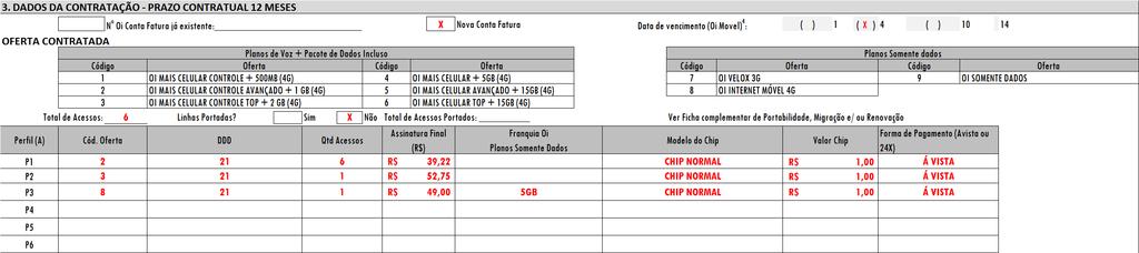 EXEMPLO DE PREENCHIMENTO - OI MAIS CELULAR CONTROLE AVANÇADO 1 Passo - Insira o perfil da contratação e a data de vencimento 2 Passo - Insira o total de acessos e linhas portadas (Sim ou Não) 3 Passo