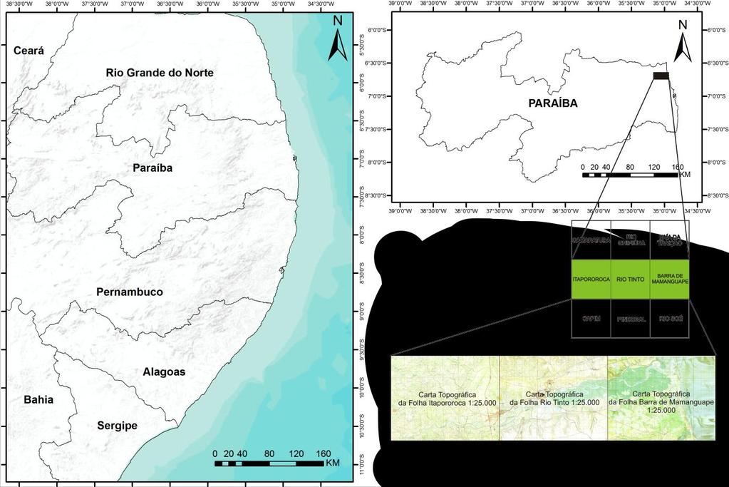 31 3. LOCALIZAÇÃO DA ÁREA DE ESTUDO A área de estudo (Figura 5) está inserida no setor correspondente às cartas topográficas na escala de 1:25.000 de Itapororoca (SB.25-Y-A-V-4-NO), Rio Tinto (SB.