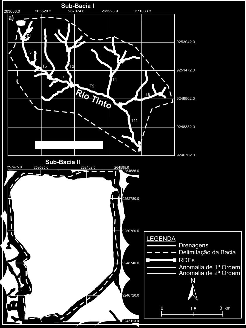 Figura 10 - Apresentação da disposição hidrográfica das sub-bacias I e II, apresentando os trechos nas quais o RDE foi aplicado 5.1.2 Fator de Simetria Topográfica Transversal (FSTT) Os resultados obtidos com a aplicação do FSTT (Tabela 1), permitiu classificar as sub-bacias conforme a escala de intensidade (Figura 12).