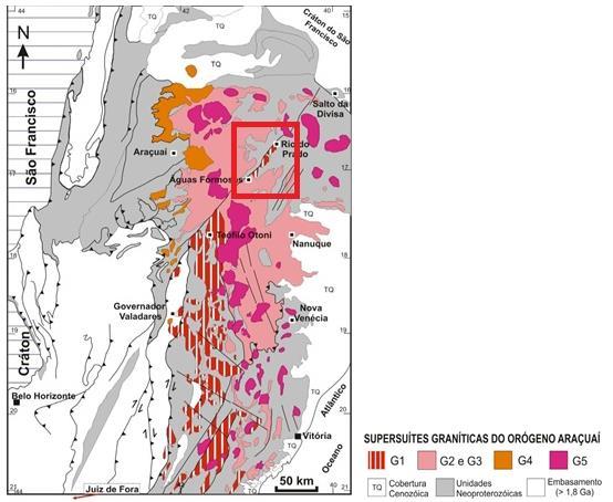 Trabalho de Conclusão de Curso, n. 259, 98p. 2018. Figura 2.1: Distribuição das supersuites graníticas individualizadas no Orógeno Araçuaí (Pedrosa-Soares et al. 2001).