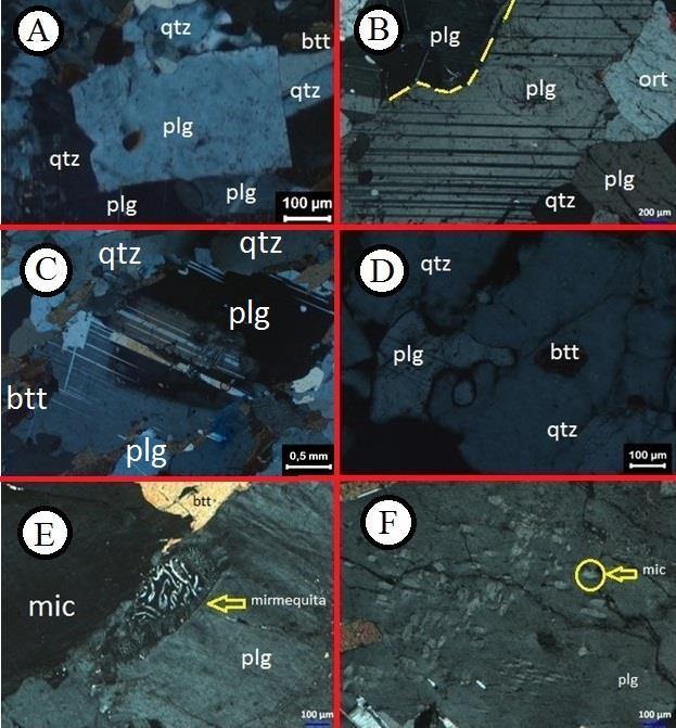 Trabalho de Conclusão de Curso, n. 259, 98p. 2018. Figura 3.4: A) Grão fino de plagioclásio subédrico envolto por grãos de quartzo e biotita (MR37).