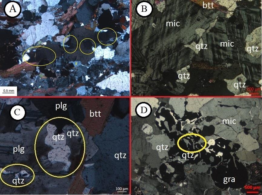Pimenta, M. G. B. 2018, Caracterização Mineralógica e Textural de Granitoides da Terminação... Figura 3.12: A) Subgrãos em grão de quartzo médio, indicados pelas elipses amarelas (LG353-B).