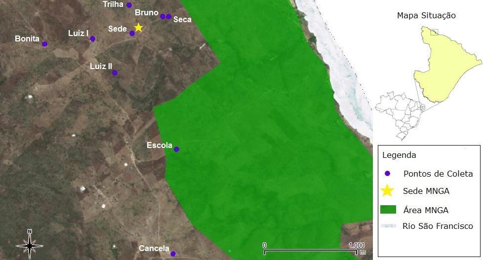 23 Figura 1: Localização do Monumento Natural Grota do Angico, Sergipe, Brasil, com a localização dos pontos de coleta 1 situados no Centro Sul da Unidade (Mapa adaptado de SEMARH