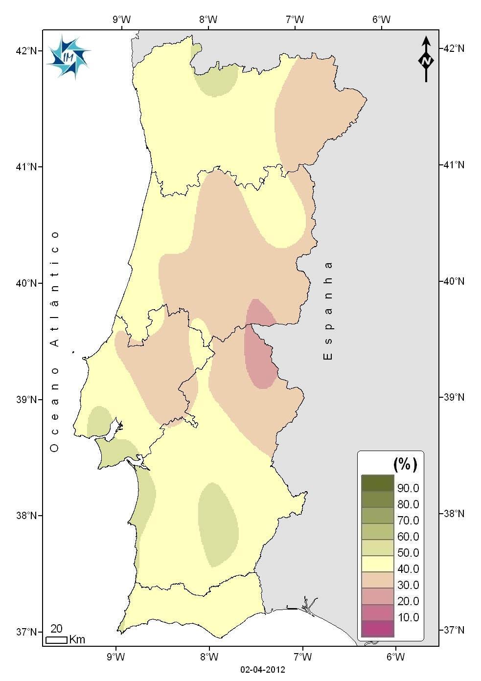 1.4 Teor de Água no Solo A próxima figura representa os valores em percentagem de água no solo, em relação à capacidade de água utilizável pelas plantas em 31 de março de 2012, onde se verifica que