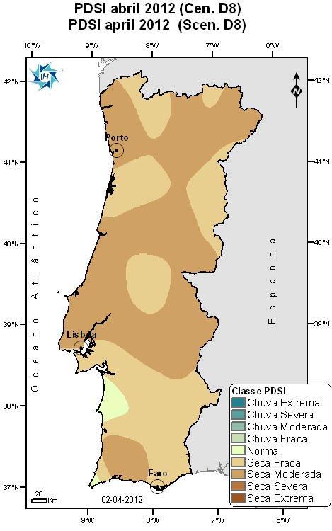 1.5 Cenários de Evolução da Seca para Abril 2012 A evolução da situação de seca para o final do mês seguinte, tendo em conta a situação no final de março de 2012, baseia-se na estimativa do índice