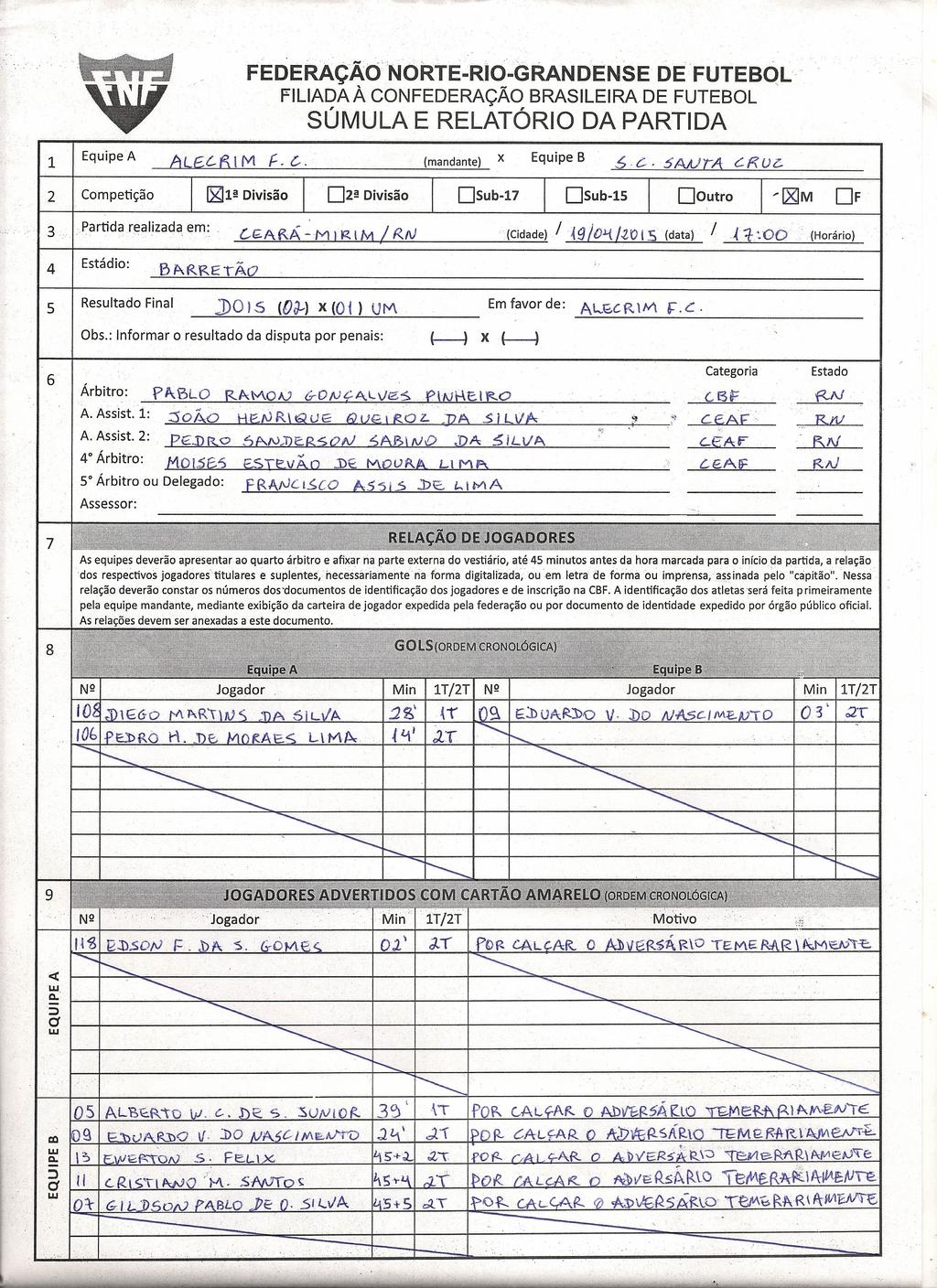 FEDERAÇÃCfNORTEROGRANDENSE DE FUTEBOL FLlADAÀ CONFEDERAÇÃO BRASLERA DE FUTEBOL SÚMULA E RELATÓRO DA PARTDA 1 EquipeA 2 Competição 3 Partida realizada em: 4 Resultado Final (mandante) [gll! D2l!