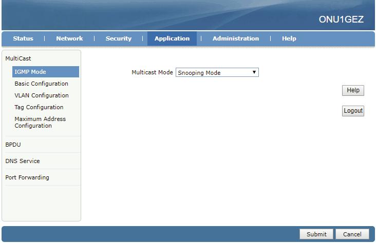 Aplication Em Aplication a ONU EPON Volt, fornece diversas configurações de aplicação como MutltiCast que inclui IGMP Mode, Basic