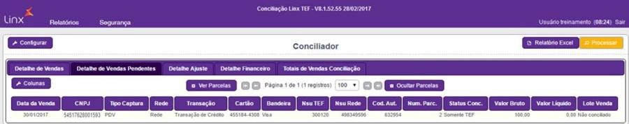 Somente TEF: Transação foi identificada somente no TEF; Somente Rede: Transação foi identificada somente na Rede, por exemplo transações de POS.