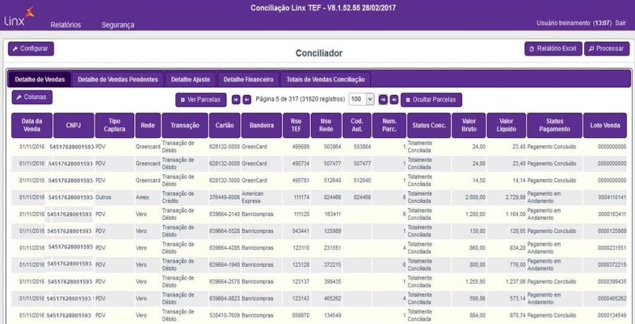 No "Detalhe de Vendas" são apresentados os dados das transações, como Data, Tipo da