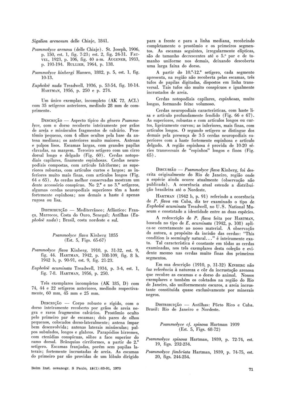 Sigalion arenosum deile Chiaje, 1841. Psammolyce arenosa (deile Chiaje). St. Joseph, 1906, p. 150, est. 1, figo 7-23; est. 2, figo 24-31. FAU VEL, 1923, p. 106, figo 40 a-mo AUGENER, 1933, p. 193-194.