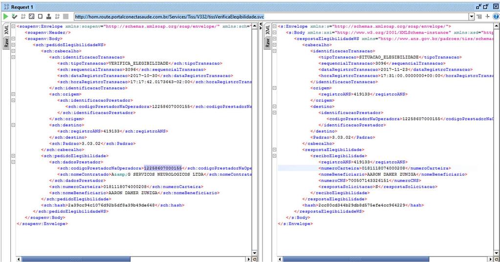 Elegibilidade: Exemplo de utilização utilizando a ferramenta SoapUI e consumindo o serviço de Verificação de URL: http://hom.route.portalconectasaude.com.