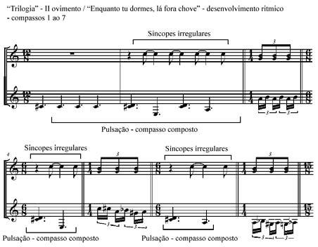 362 Na Trilogia II movimento - temos o mesmo procedimento de escrita, com a intercalação de ritmos sincopados, mas com uma clara diferença entre os discursos.
