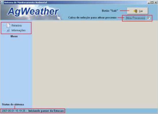 5. Funcionalidades A Figura 2 destaca as principais funções Agweather Figura 2: Tela principal do AgWeather Menu : Apresenta as opções de funcionalidade do Ag Weather, como Relatório, Gráfico,