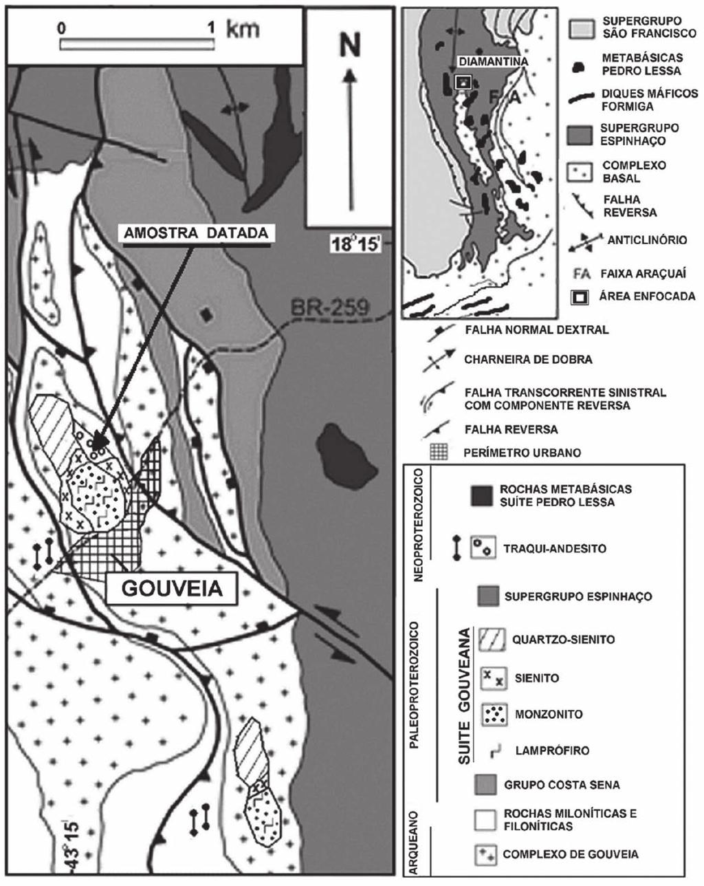 Figura 1 Arcabouço geológico do entorno de Gouveia-MG, onde estão situados os traqui-andesitos investigados (modificado de Chaves et al., 2014a).